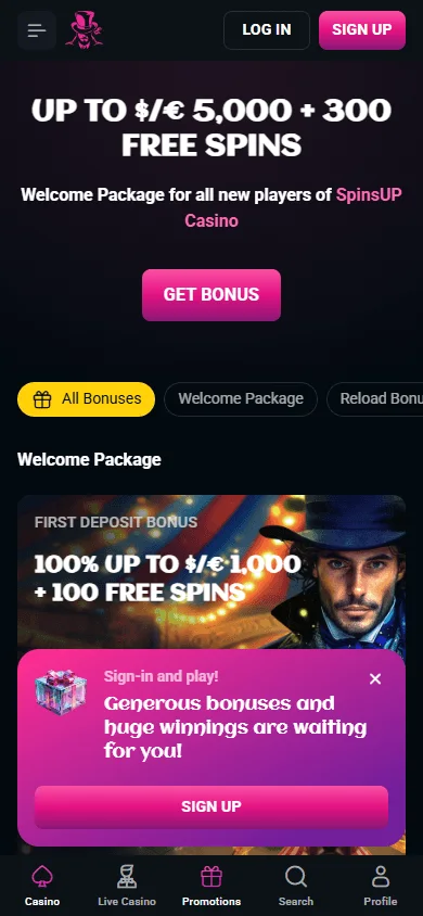 Spinsup Casino promotions screen on a mobile device