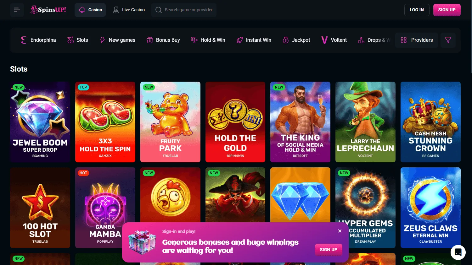 Spinsup Casino games screen on desktop