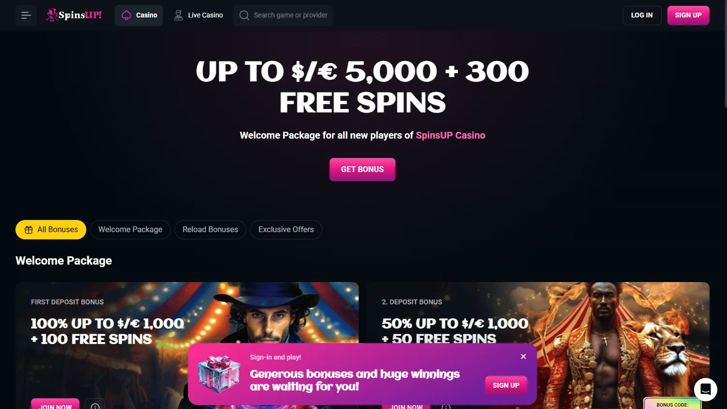 Spinsup Casino promotions screen on desktop